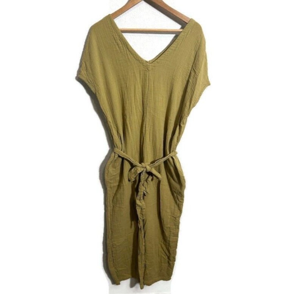 Pact Coastal Jumpsuit Womens M Green Crop Gauze Tie V-Neck Pockets Organic